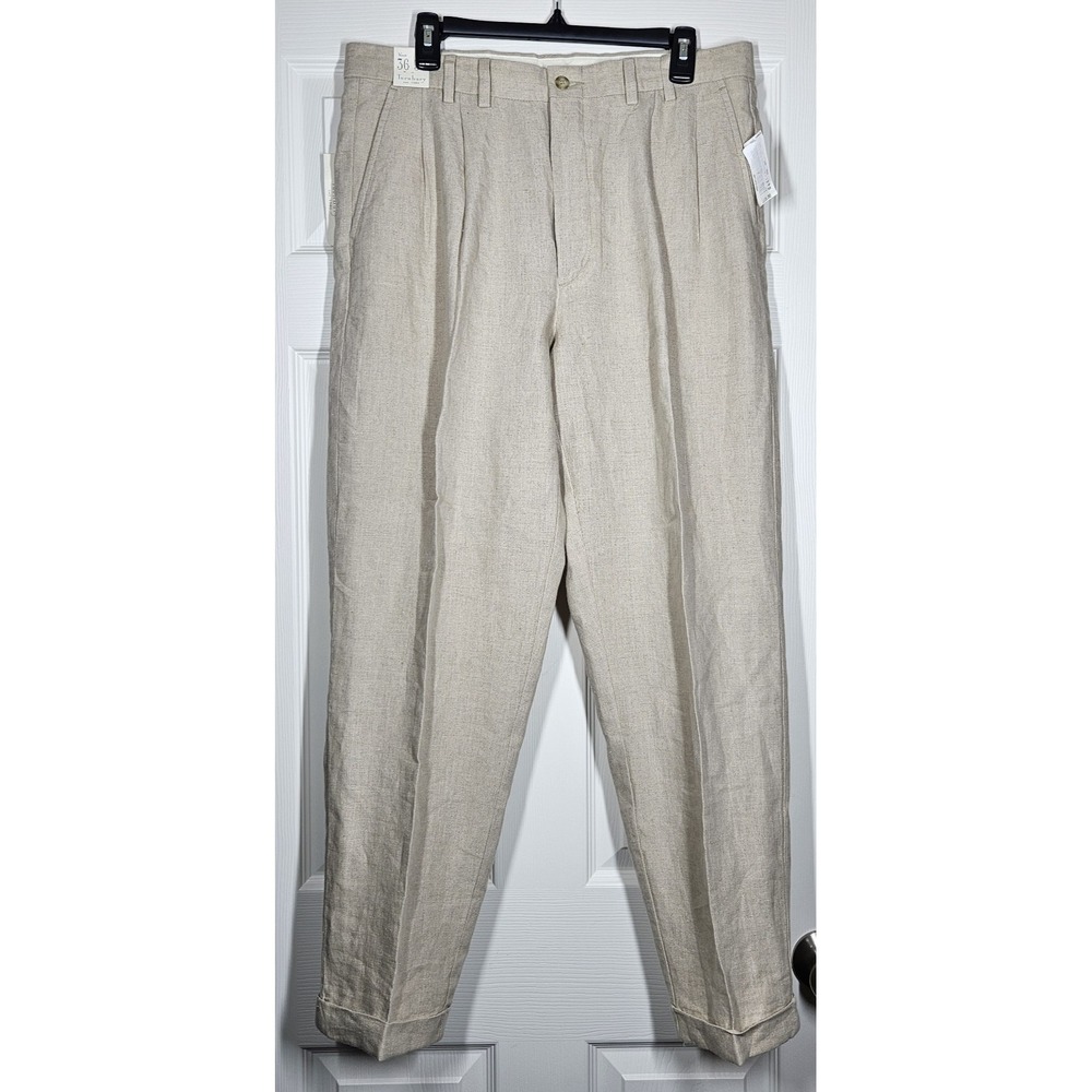 Turnbury Mens 100% Linen Pleated Pants Cuffed Hem Beige 36x30 NWT Resort Wedding